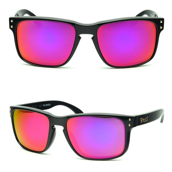 BNUS Italy made Classic Sunglasses Corning Real Glass Lens w. Polarized Option Frame: Black   Lens: Magenta Flash Supply