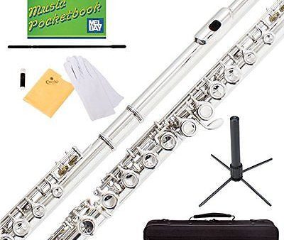 Mendini Nickel Silver Closed Hole C Flute with Stand 1 Year Warranty Case Cleaning Rod Cloth Joint Grease and Gloves - MFE-N+SD+PB Online Sale