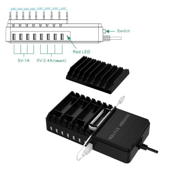 FLECK CS008 Multi-Device 8-Port USB Desktop Charging Station (Black) Black Online now